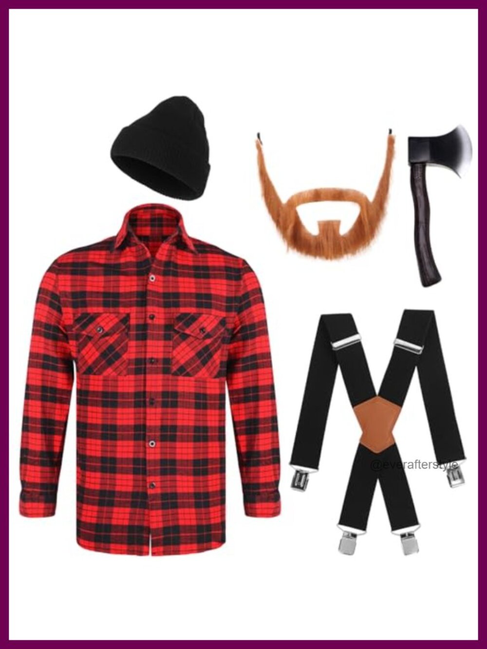 Men's 5-Piece Lumberjack Costume Set Plaid Shirt Beanie Faux Axe Beard